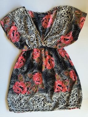 Angie Black Boho Dress with Coral Floral Print, Natural Fibers, SML